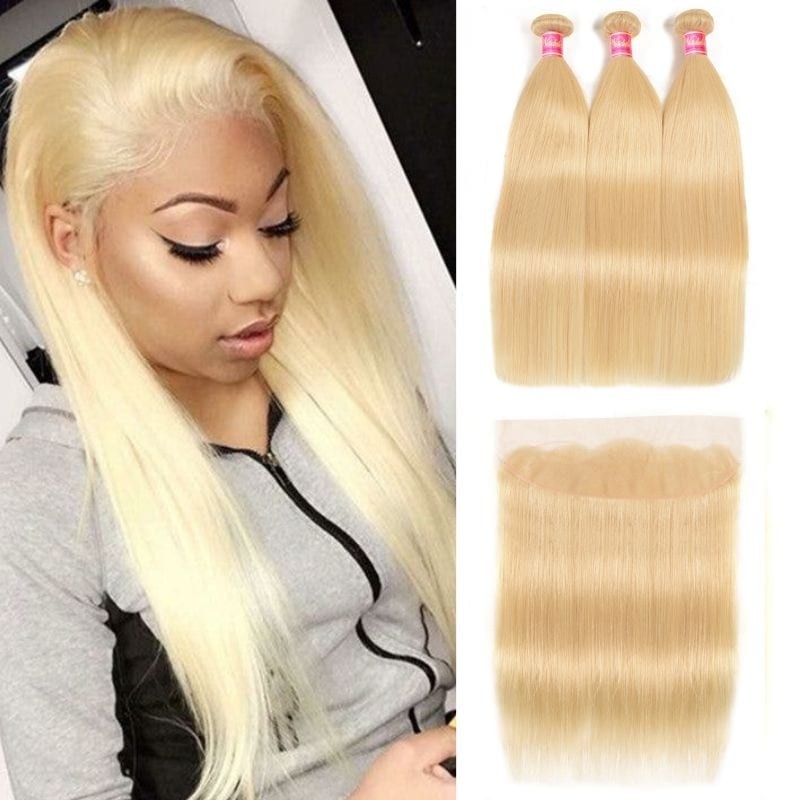 Nadula 613 Straight Virgin Hair Weave 3 Bundles With Lace Frontal 13x4 Blond Color