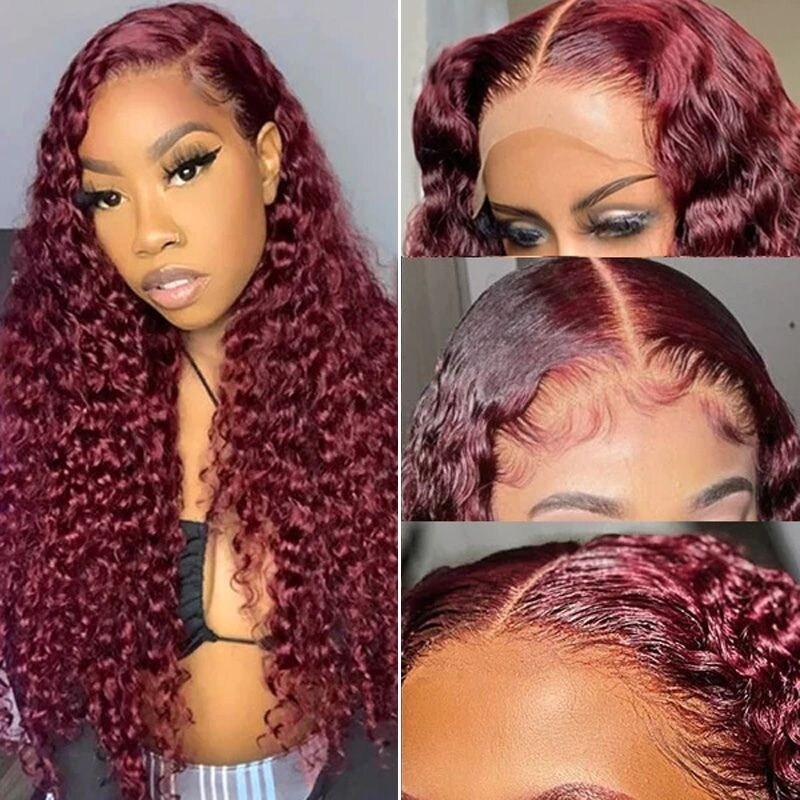 Nadula Clearance Sale 99J Colored Curly T Part Wig Burgundy Middle Part Lace Wigs For Women