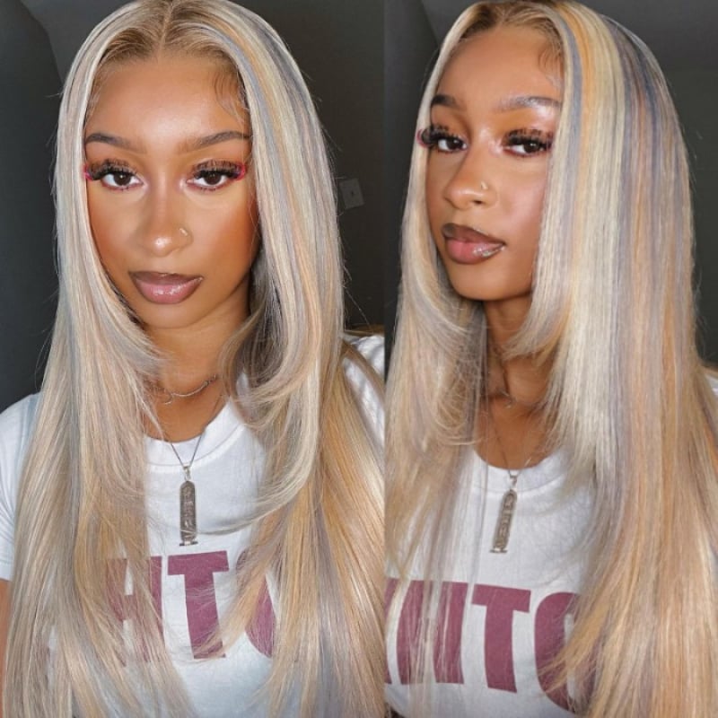 Queenleora Approved Nadula Ash Blonde Highlights Color Straight 13X4 Lace Front Wig