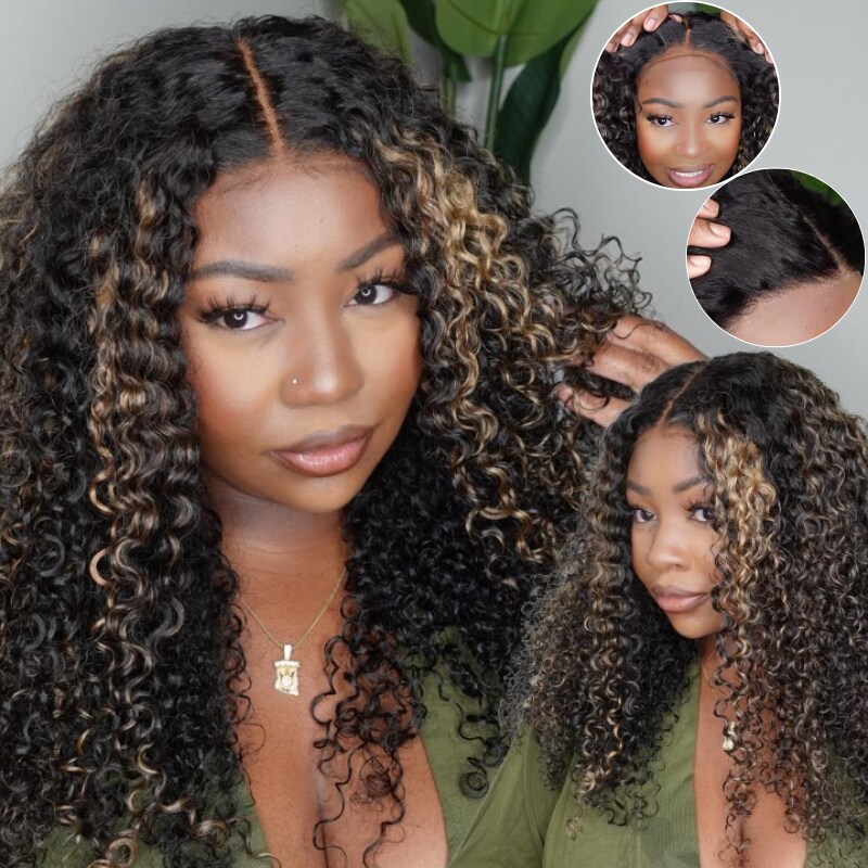 Nadula 6x4.5 Pre Cut Lace Wear and Go Wig Balayage Black and blonde Highlights 4c Curly Wig