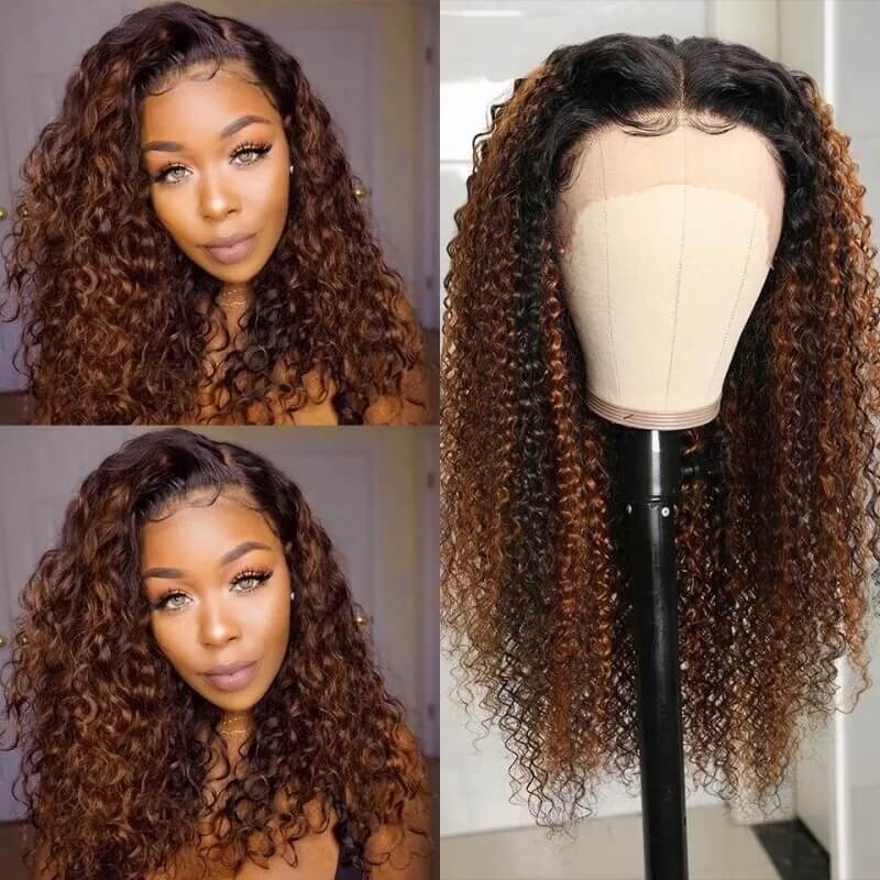 【24 Inch=$139】Clearance Sale Nadula Balayage Highlights Wigs On Black Hair 100% Curly Human Hair Wigs With Red Brown Streaks