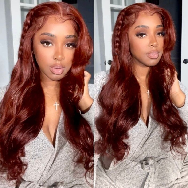 Nadula T Part Lace Wig #33B Red Brown Dark Auburn Color Human Hair Body Wave Wig