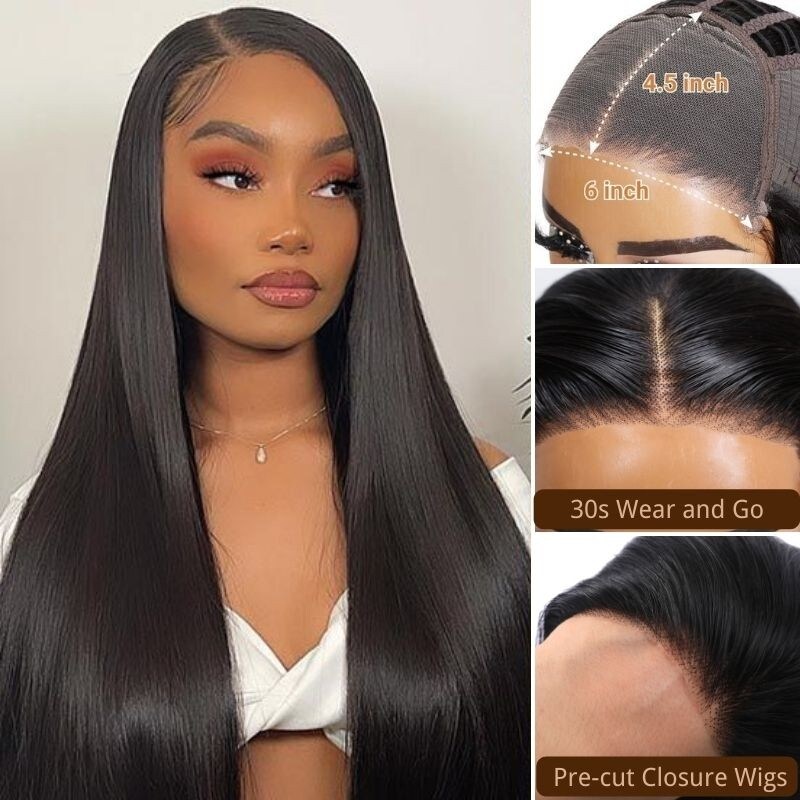 Nadula 16 Inch 7x5 Pre-Cut Lace Closure Straight Wig 30s Put On And Go Wigs 