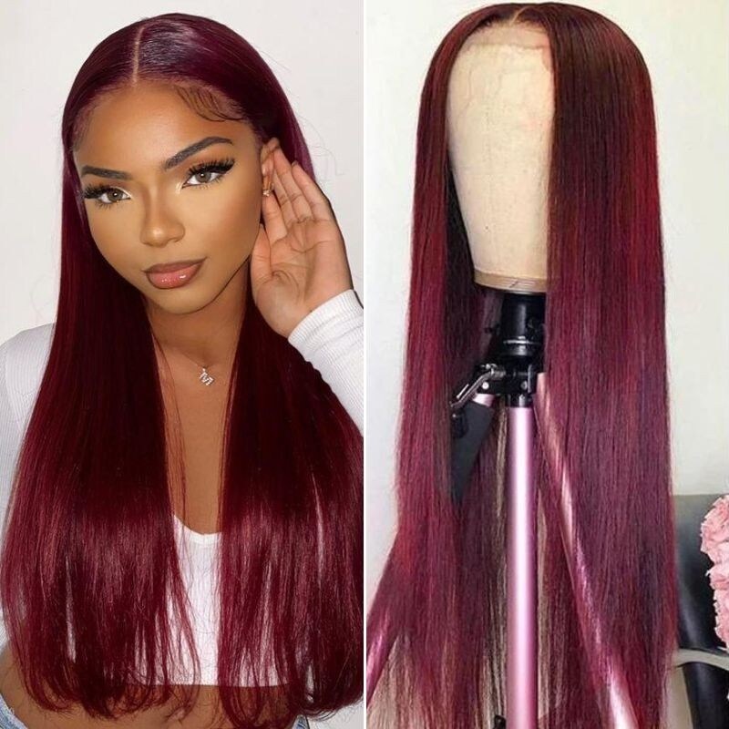 [BOGO] Nadula 99J T Part Burgundy Straight Wigs T Part Hand-Tied Lace Wig