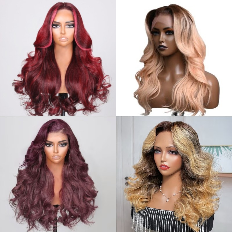 Nadula Dark Burgundy Highlights & Pink Ombre & Blonde Honey Brown Ombre 3D Body Wave Lace Front Wigs