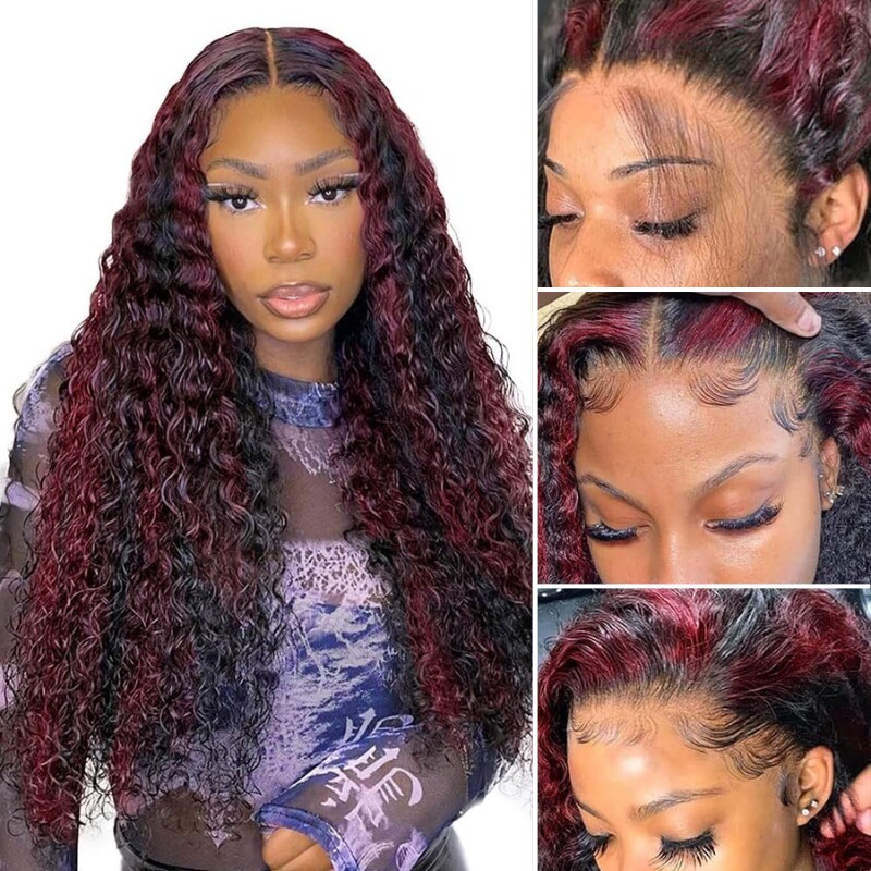 Nadula Clearance Sale Dark Burgundy With Rose Red Highlights Curly 13x4 Lace Front Wig 
