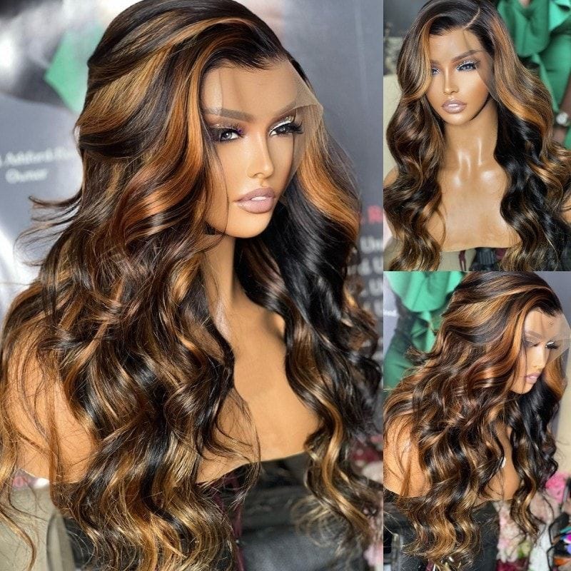 Nadula 16 Inch Body Wave T Part Lace Wigs Hair Wigs Brown Highlight Human Hair With Caramel Balayage