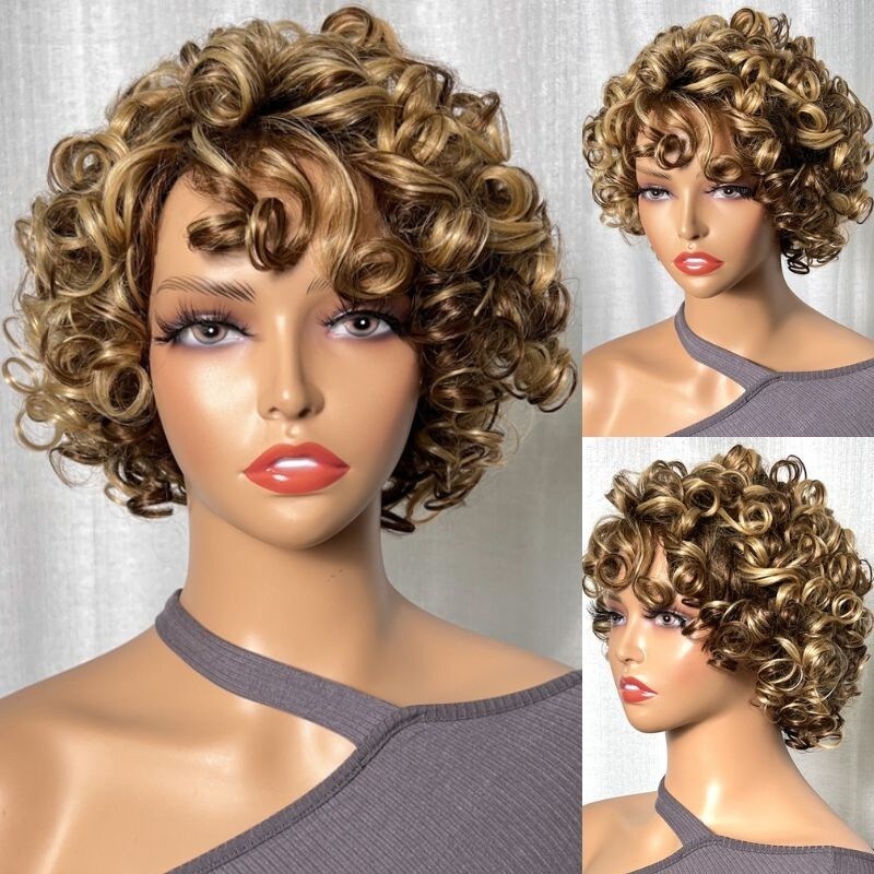 Nadula Glueless Air Wig Short Curly Bob Wig With Bangs Golden Blonde Highlight Loose Wave Wig