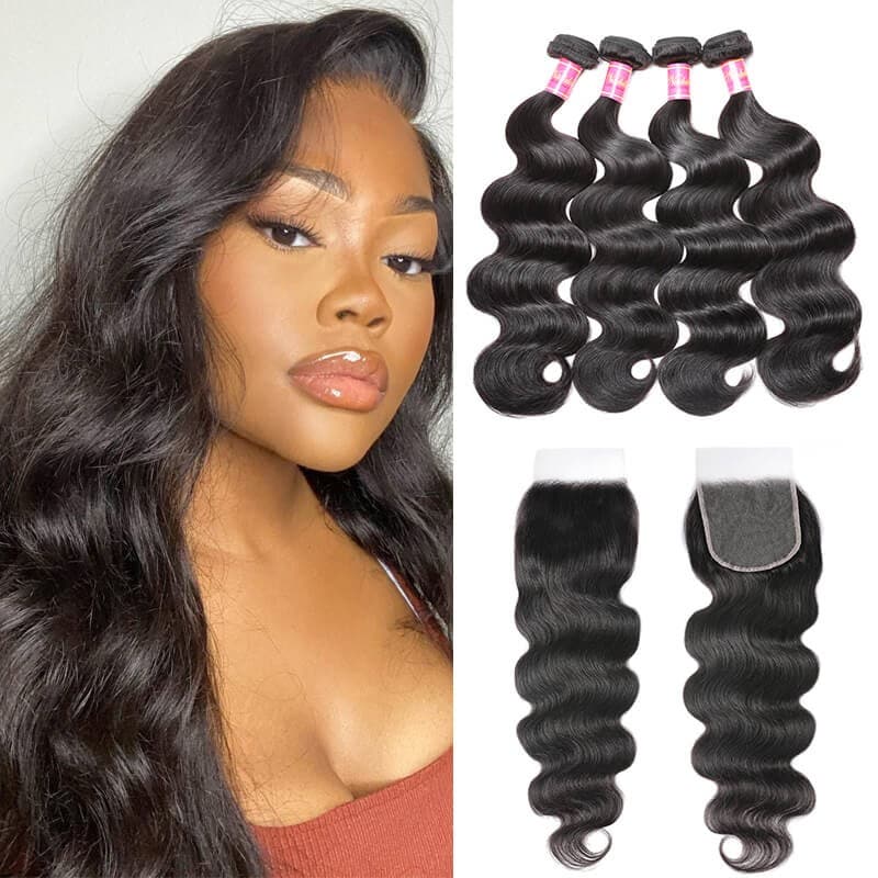 Nadula Glueless And Invisible Body Wave 5 By 5 Inch HD Lace Closure With 4 Bundles Virgin Human Hair Weave