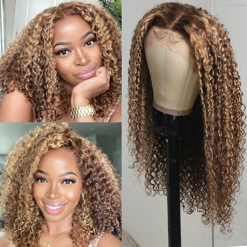 Nadula Highlight Brown Curly Lace Front Wigs Honey Blonde Highlight Wigs Ombre Wig Human Hair 150% Density TL412 Color