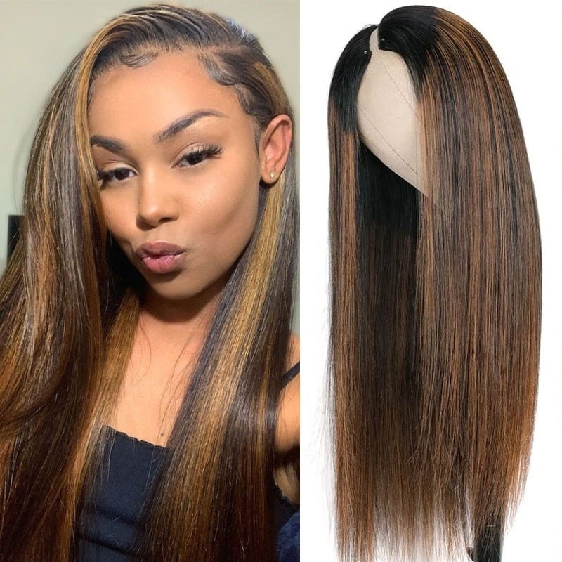Nadula Brown Highlight V Part Wig Glueless #FB30 Straight Human Hair Wig Quick And Easy Install