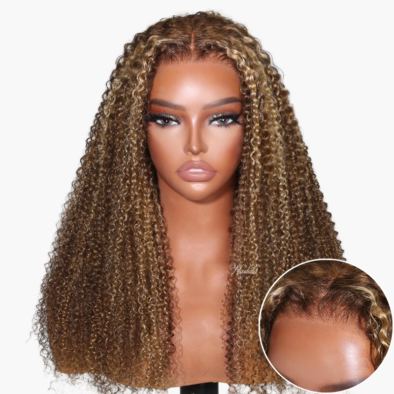 Nadula Pre Cut Lace Wear and Go Wig 4C Kinky Curly Honey Blonde Highlight Wig 