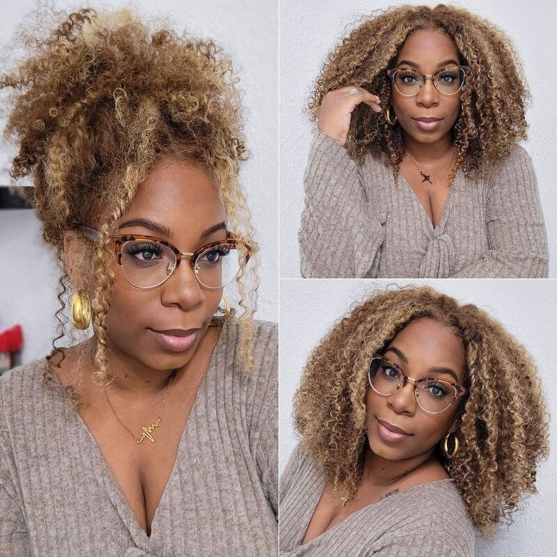 Nadula Kinky Curly Honey Blonde Highlight 13x4 Lace Frontal Wigs 150% Density