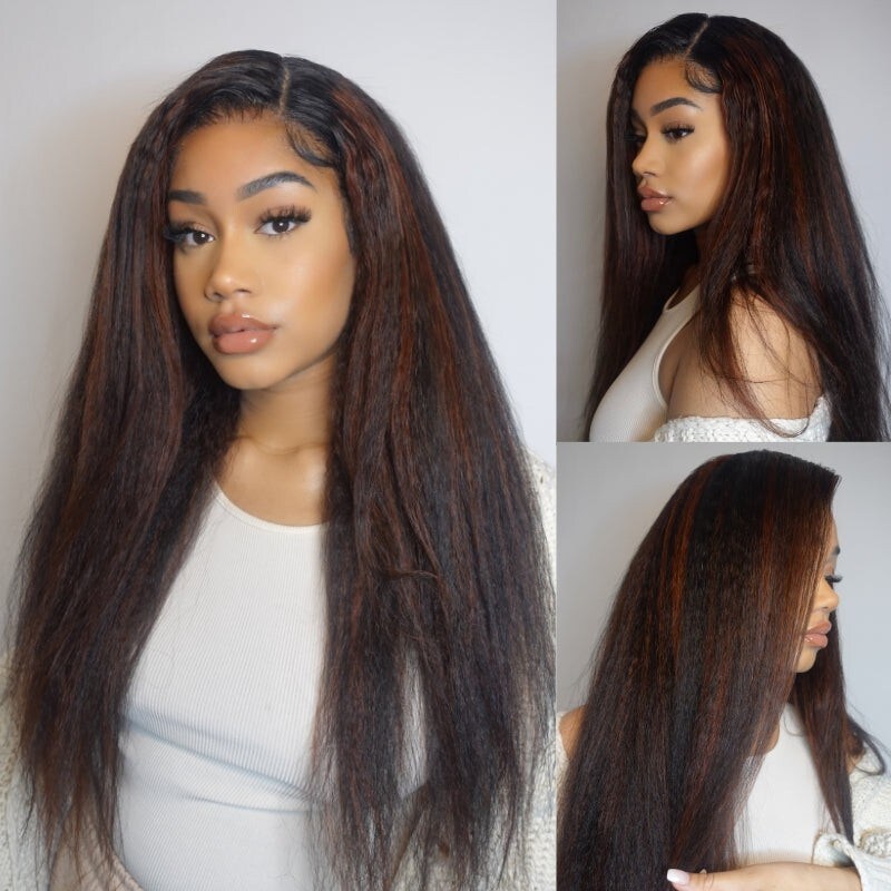 [All Lengths $119] Nadula Highlight Reddish Brown 4C Kinky Straight 13x4 Lace Front Wig With Dark Roots
