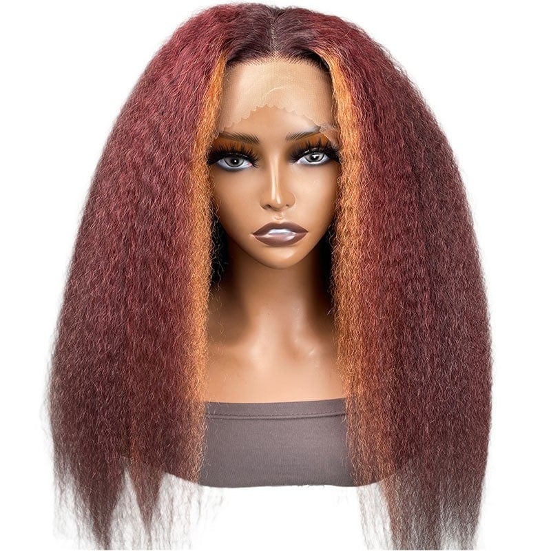 Nadula 24 Inches Special Offer Burgundy Mixed Orange Highlight 4C Kinky Straight Lace Front Wig