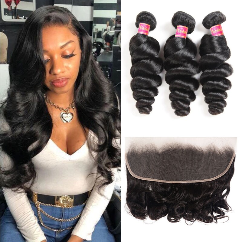 Nadula Loose Wave 3 Bundles Hair Weave Soft Virgin Hair With 13x4 Ear To Ear Lace Frontal