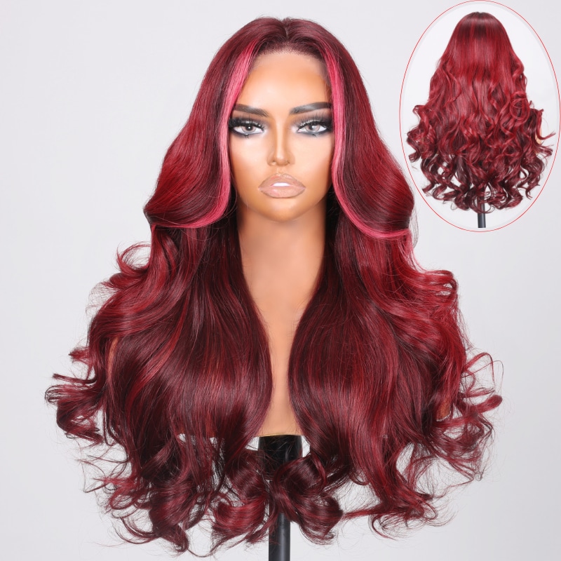 Nadula Clearance Sale Dark Burgundy With Red Highlights Loose Body Wave Color Lace Front Wigs Pre Plucked