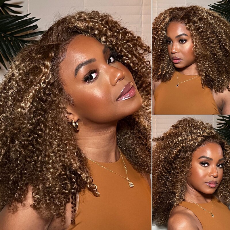 Nadula Pre Cut Lace Wear and Go Wig 4C Kinky Curly Honey Blonde Highlight 13x4 Lace Frontal Wigs