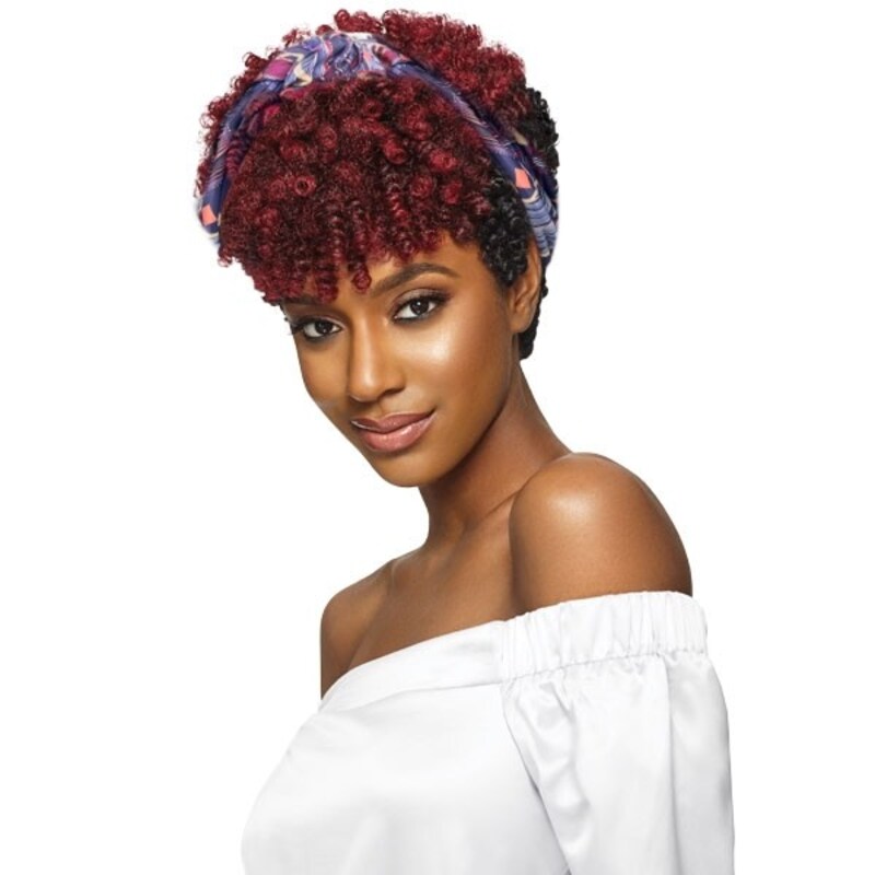 Nadula Clearance Sale Glueless Red Mix Purple Highlight Short Bouncy Curly Headband Wig With Bangs