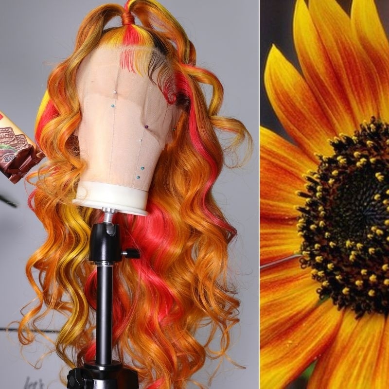 Nadula Red Sunflower Human Hair Wigs Red Orange Lace Frontal Loose Wave Wigs 