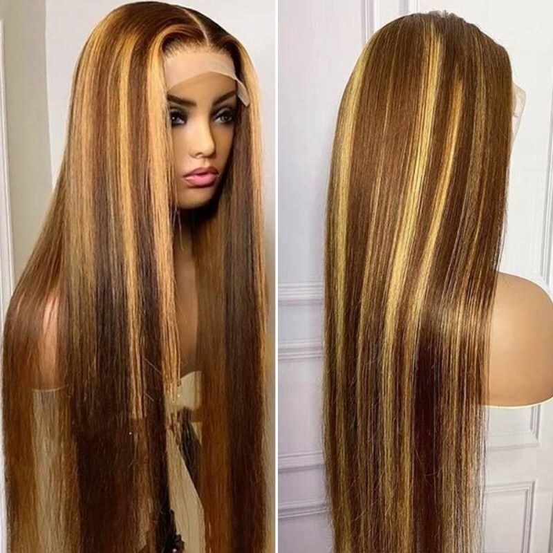 Nadula Clearance Sale Straight Blonde Wig Hand Tied 4x0.75 T Part Lace Wigs Brown Wig Highlight Color 150% Density