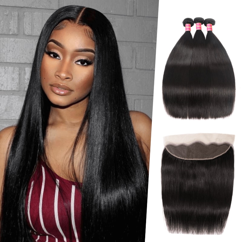Nadula Straight Virgin Hair Weave 3 Bundles With Lace Frontal Closure 13x4 Ear To Ear