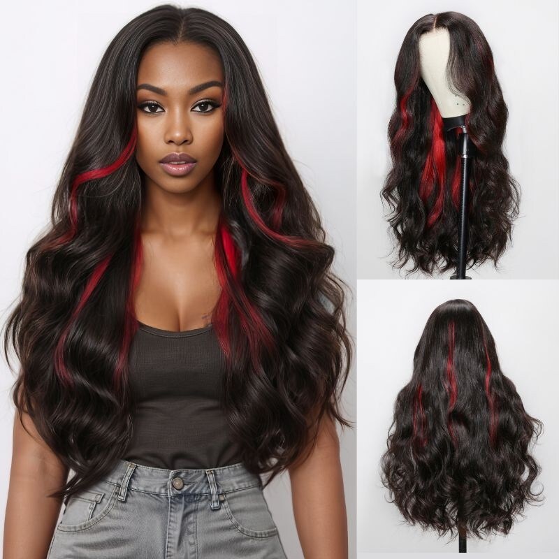 Nadula Red With Blonde Peekaboo Loose Body Wave Highlights Knotless Wig