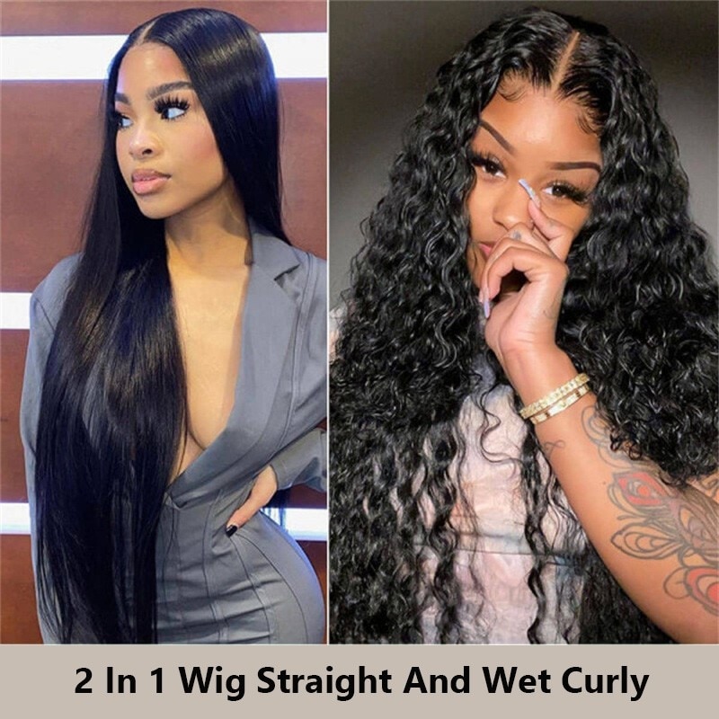 Nadula V Part  Two In One Wig Dry Straight Or Wet Curly Human Hair Skin Melted Hairline Wigs