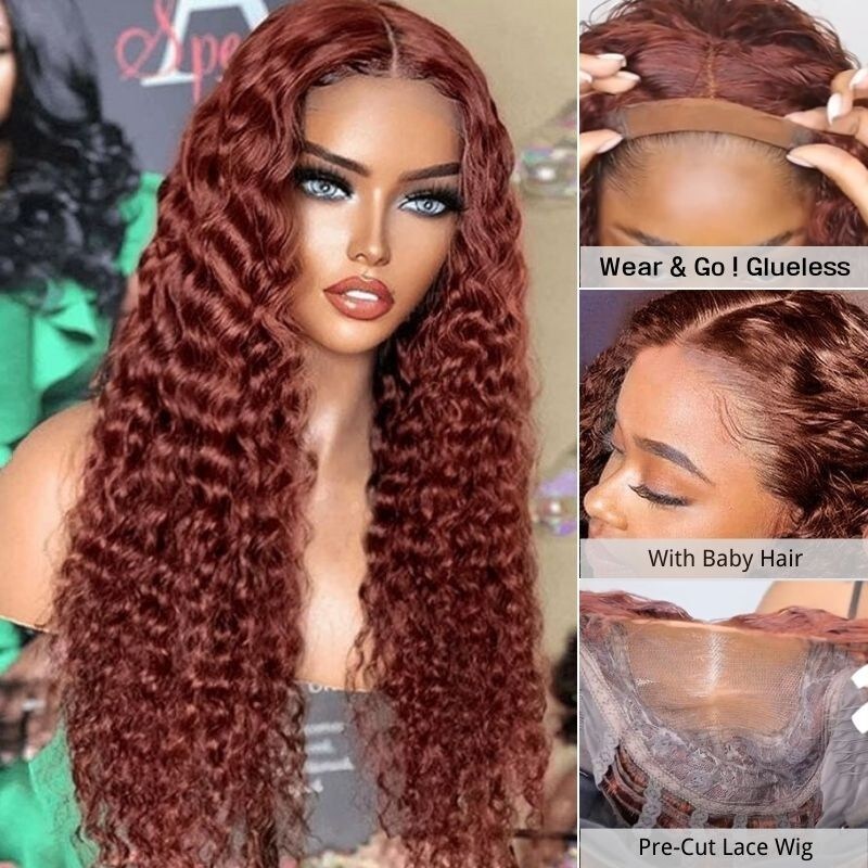 Nadula Wear & Go 4x4 Pre-cut Lace Closure Glueless Wig Reddish Brown Curly Wig 