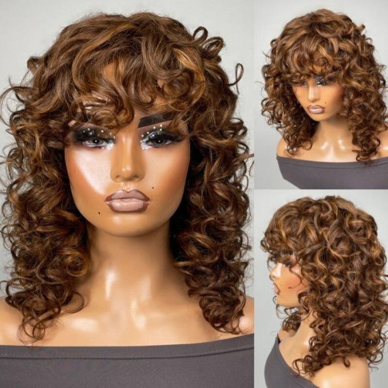 Nadula Clearance Sale Wolf Cut Curls Bob Wig Brown Highlight Color Wigs With Bangs Air Wig