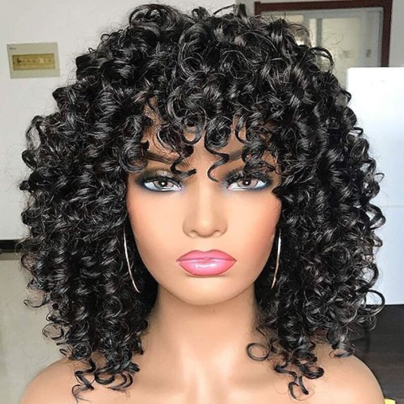 Nadula Bouncy Curls Glueless Short Wigs With Bangs Pix Cut Human Hair Wigs