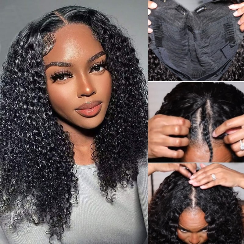 Nadula V Part Wig Jerry Curly Human Hair Wigs Beginner Friendly Glueless No Sew In No Gel NO Leave Out
