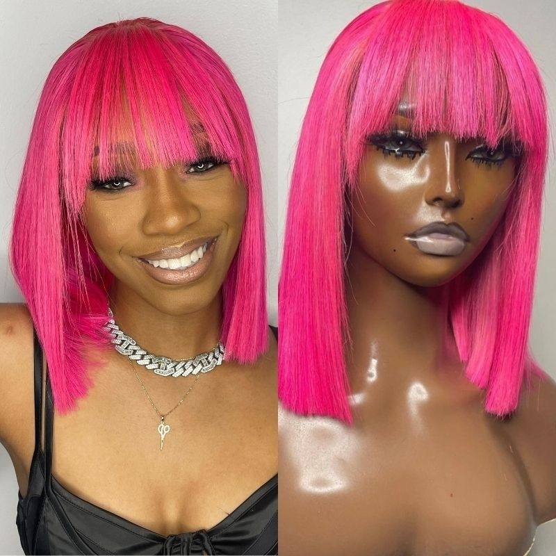 Nadula Custom Hairstylist Wig | Pink Wig With Bang Bob Wig 13x4 Lace Front 180% Density Human Hair Bob Wig