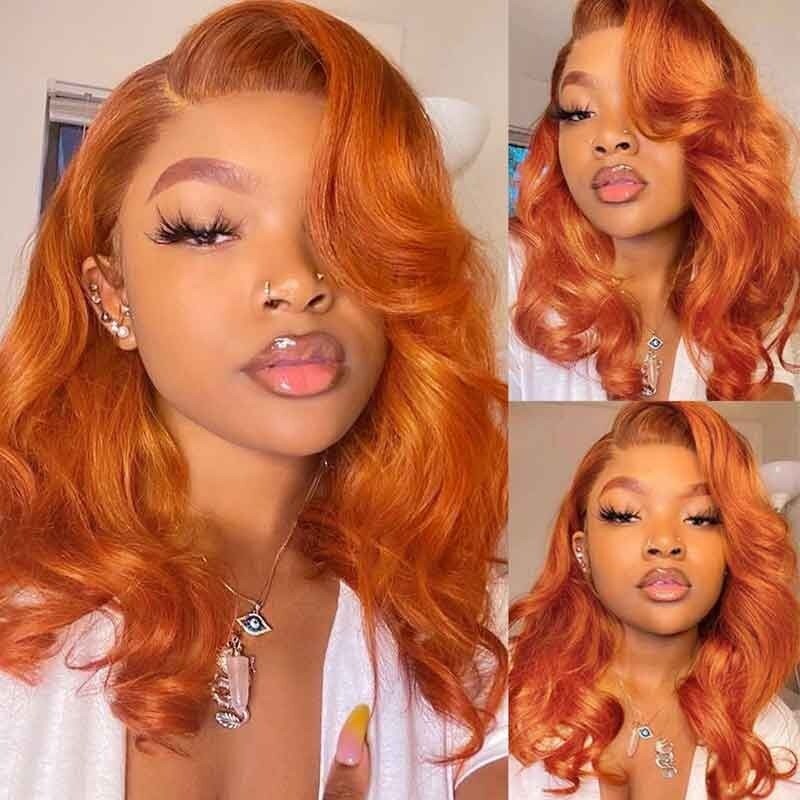 Nadula Buy 1 Get 1 Free Orange Ginger 4x0.75 T Part Body Wave Wig + Natural Black Curly Wig