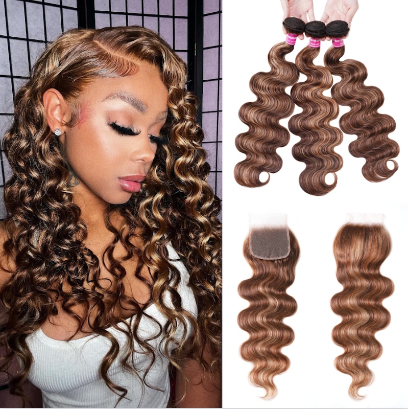 Nadula Body Wave Bundles Hair Weave With 4x4 Inch Lace Closure Piano Honey Blond Highlight Brown Hair