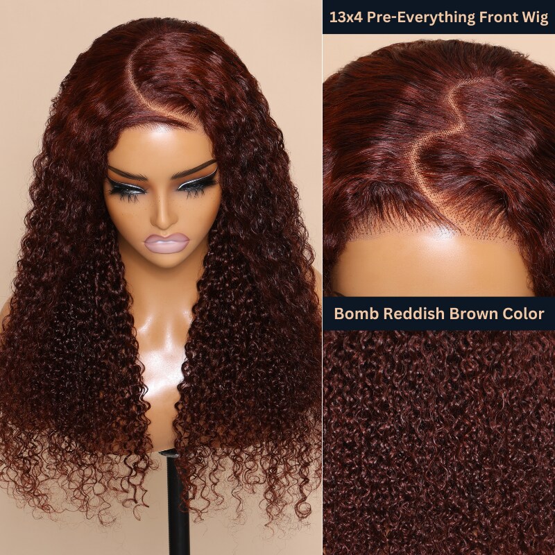 Pre-Everything Frontal Wig | Nadula Bye Bye Glue 13x4 Transparent Lace Front Jerry Curly Reddish Brown Put on and Go Frontal Wig