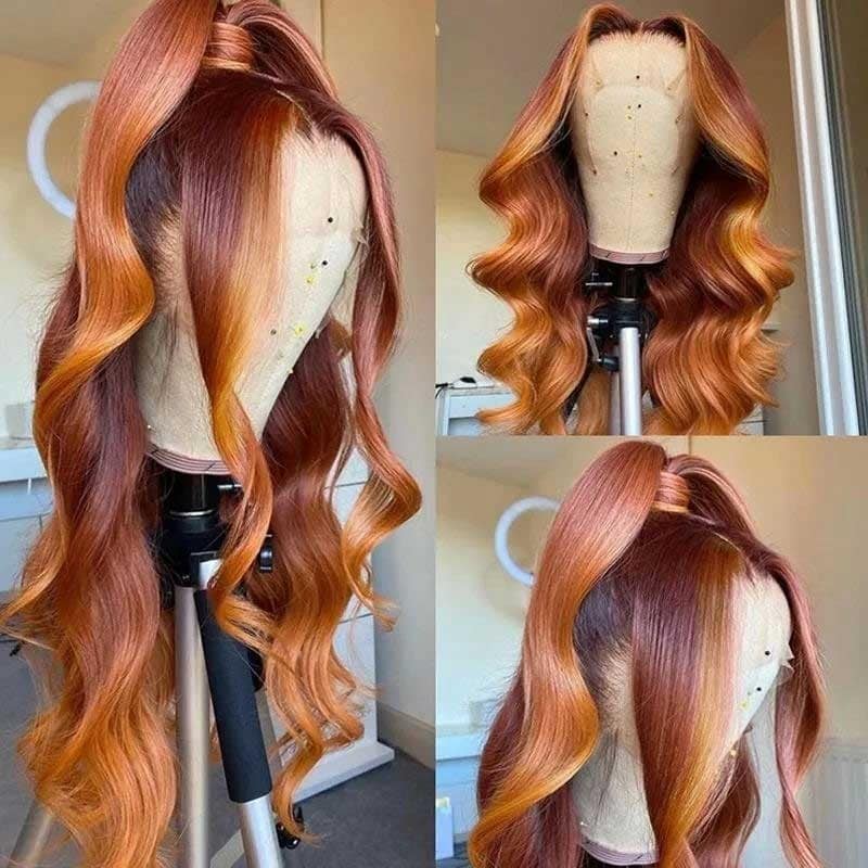 Nadula Ginger And Copper Red Highlight Straight Wigs Ombre Lace Frontal Wig With Natural Hairline