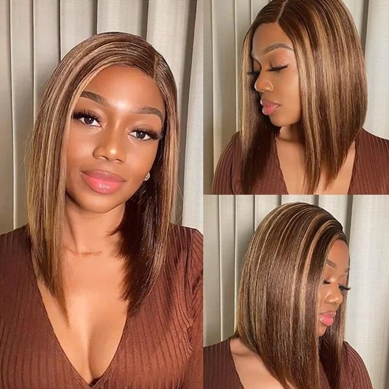 Nadula T Part Lace Short Bob Wig With Piano Brown Highlight Auburn Color Wig