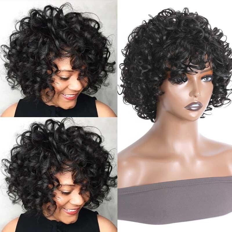 Nadula Bouncy Curls Short Human Hair Wigs With Bangs Glueless Short Pix Cut Wigs For Black Women