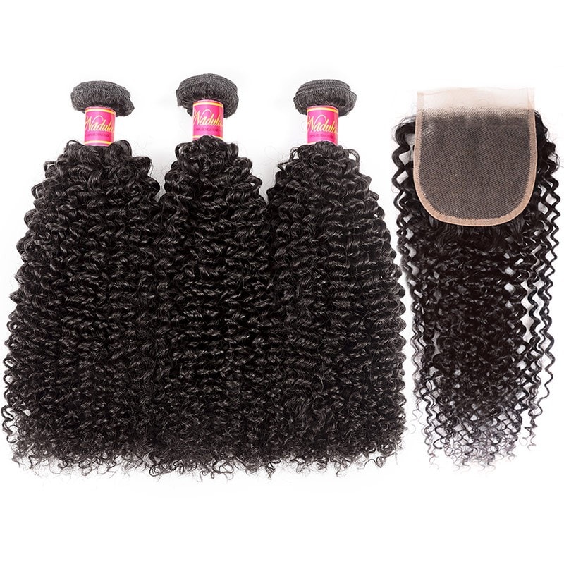 Nadula Kinky Curly Hair Weaves With 4×4 Free Part Lace Closure Pre-plucked Human Hair 