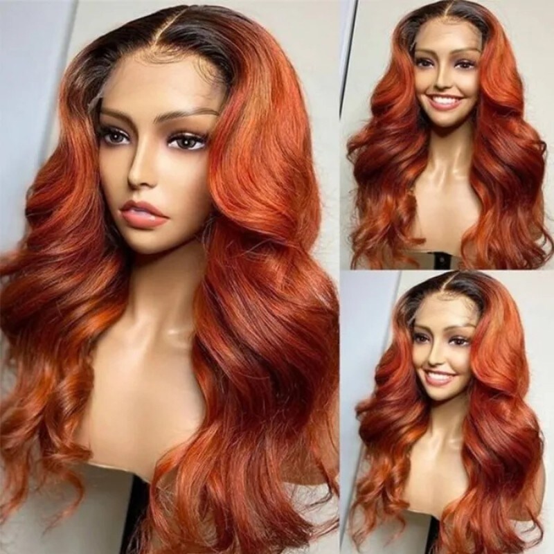 Nadula 13x4 Ginger Lace Frontal Wig Burnt Orange Straight Wig with Dark Roots Ombre Human Hair Wigs for Women