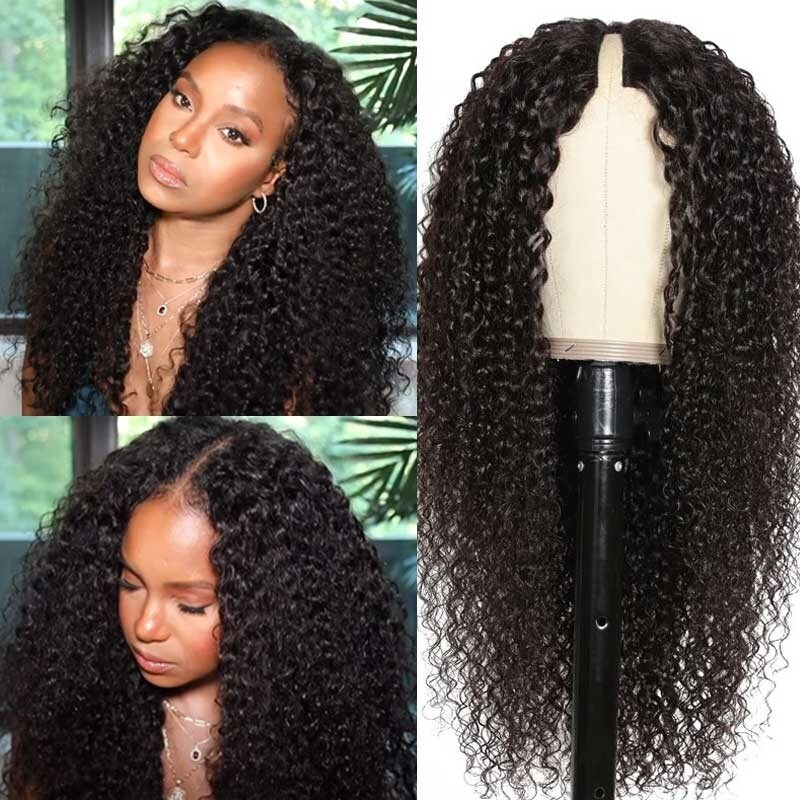 Nadula Buy One Get One Free 16 Inch Beginner Friendly V Part Wigs Glueless Jerry Curly Human Hair Wigs No Sew In No Gel NO Leave Out V Part Wig