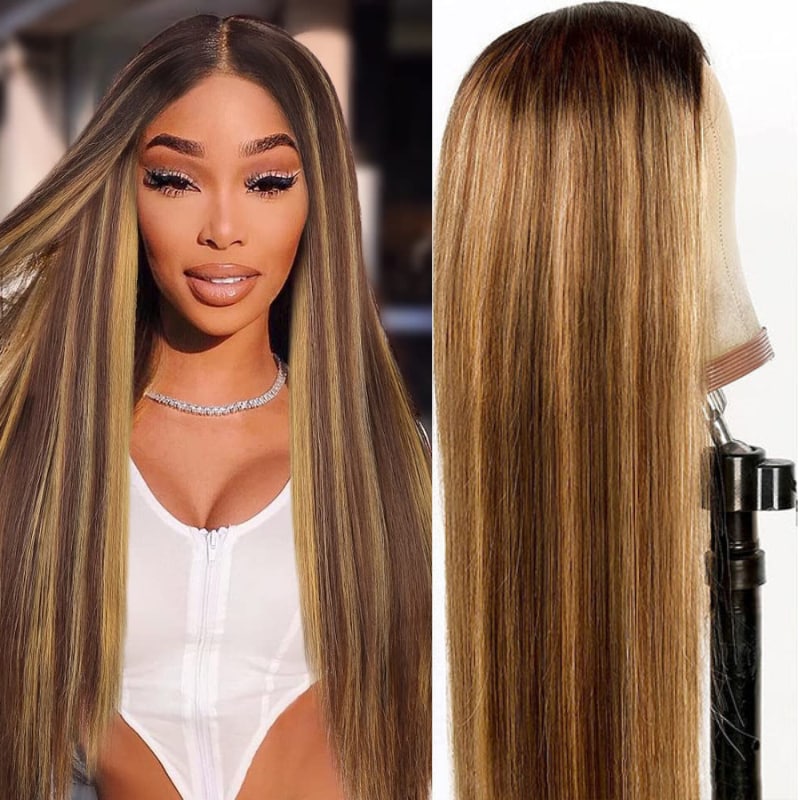 Nadula 6x4.5 Pre Cut Lace Closure Wigs Wear Go Wig Honey Blonde Highlights Straight Wig For Beginners