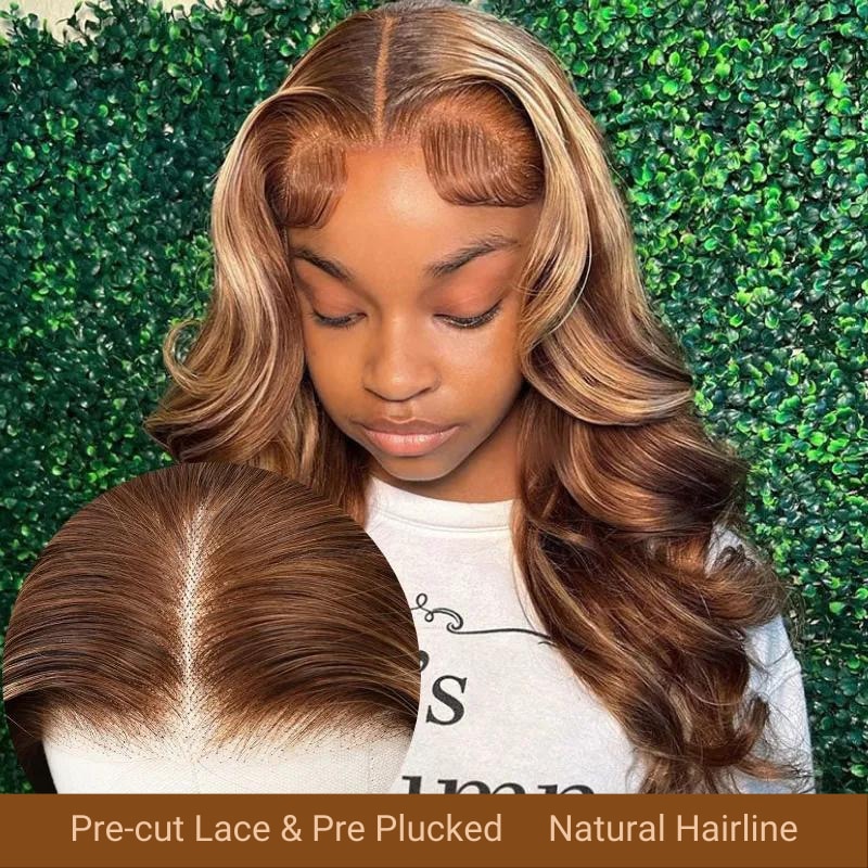 Nadula 6x4.5 Pre Cut Lace Closure Wigs Put on and Go Wig Honey Blonde Highlights Straight Wig For Beginners