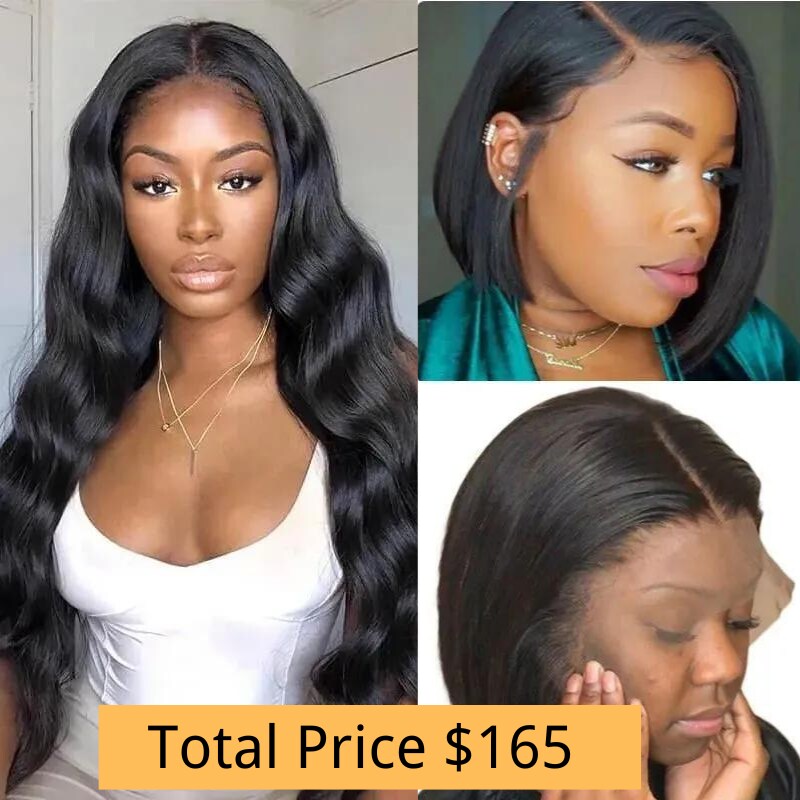 Nadula Buy 1 Get 1 Free 20 Inch Body Wave 13*4 Lace Frontal Remy Human Hair Wigs With 14'' Bob Straight Wig