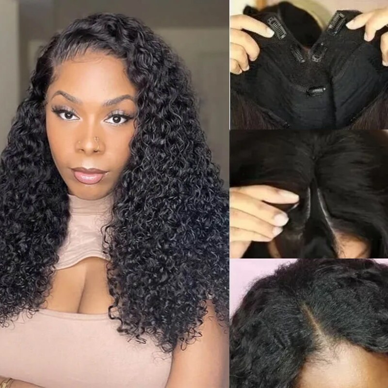 Nadula 16 Inch Glueless Jerry Curly V Part Wigs Full Density No Leave Out Wear and Go Special For Buy One Get One Free Wig