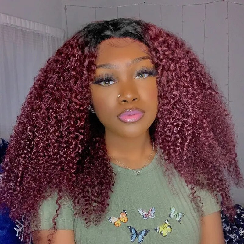 [All Wigs=$139] Nadula Flash Deal Glueless V Part Jerry Curly Wig 99J Burgundy Red Color With Dark Roots