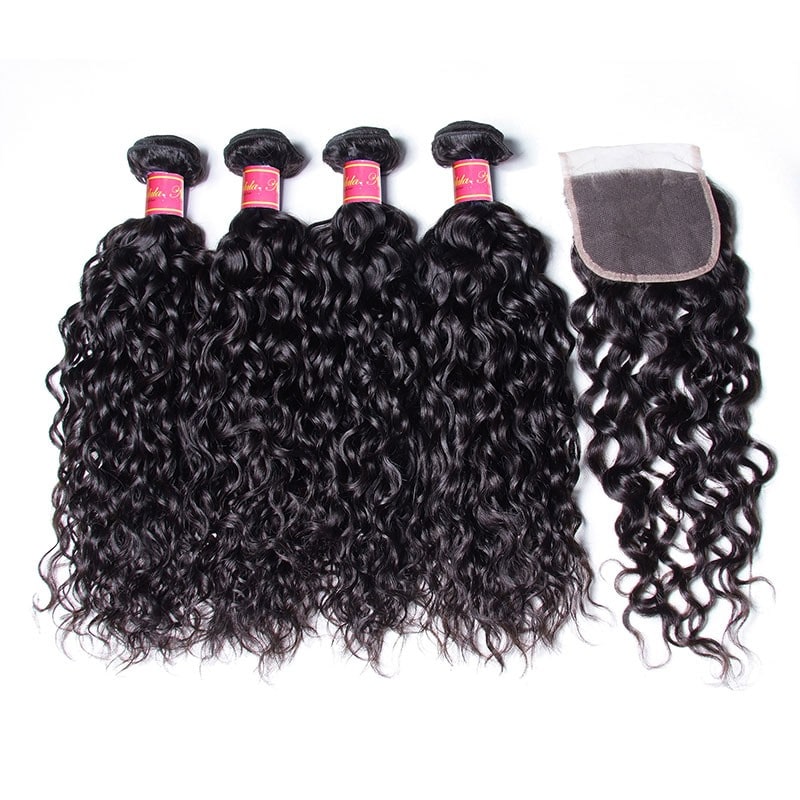 Nadula Water Wave Pre Pluck 4*4 Lace Frontal Closure With 4 Bundles Virgin Human Hair Weave