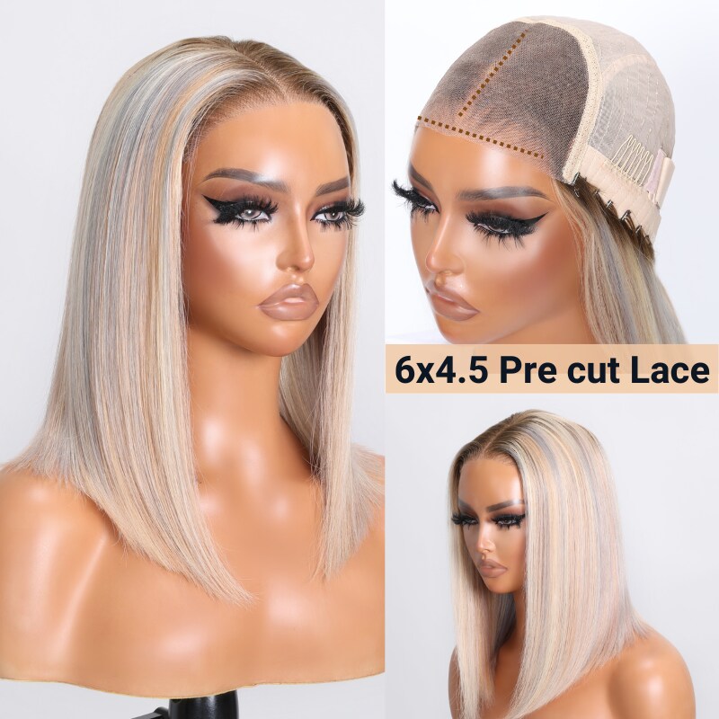 Nadula 6x4.5 Pre cut Lace Put on and Go Glossy Blonde With Silver Highlight Straight Wig 180% Density