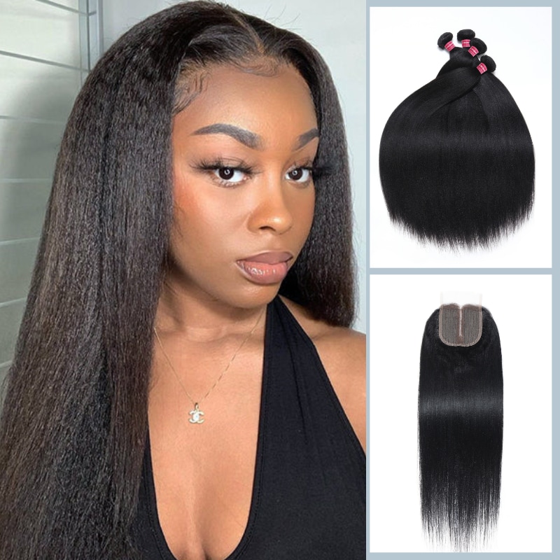 Nadula Virgin Yaki Straight Unprocessed Hair Weave With 4x4x0.75 Middle Part Lace Closure 